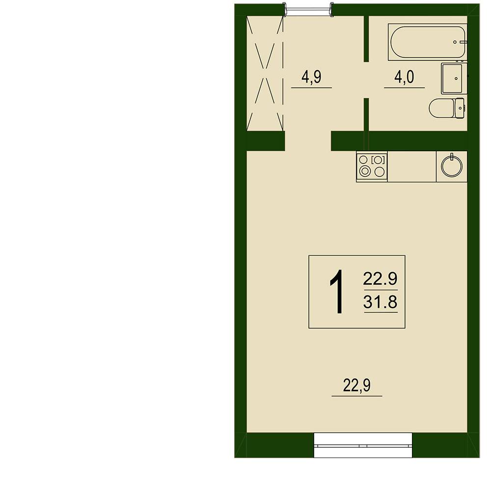 Студия, 31.8 м2, этаж 3 дом №5