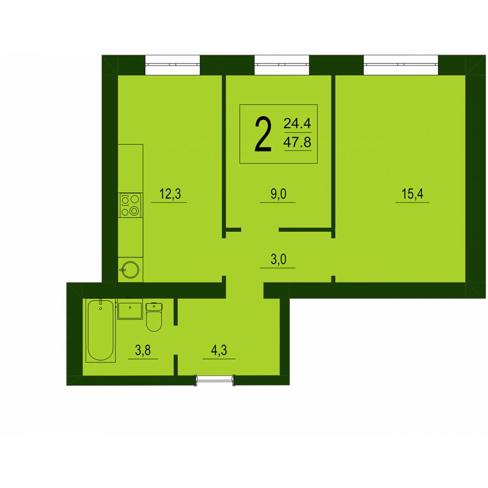 2х-комнатная квартира, 47.8 м2, этаж 3 дом №6