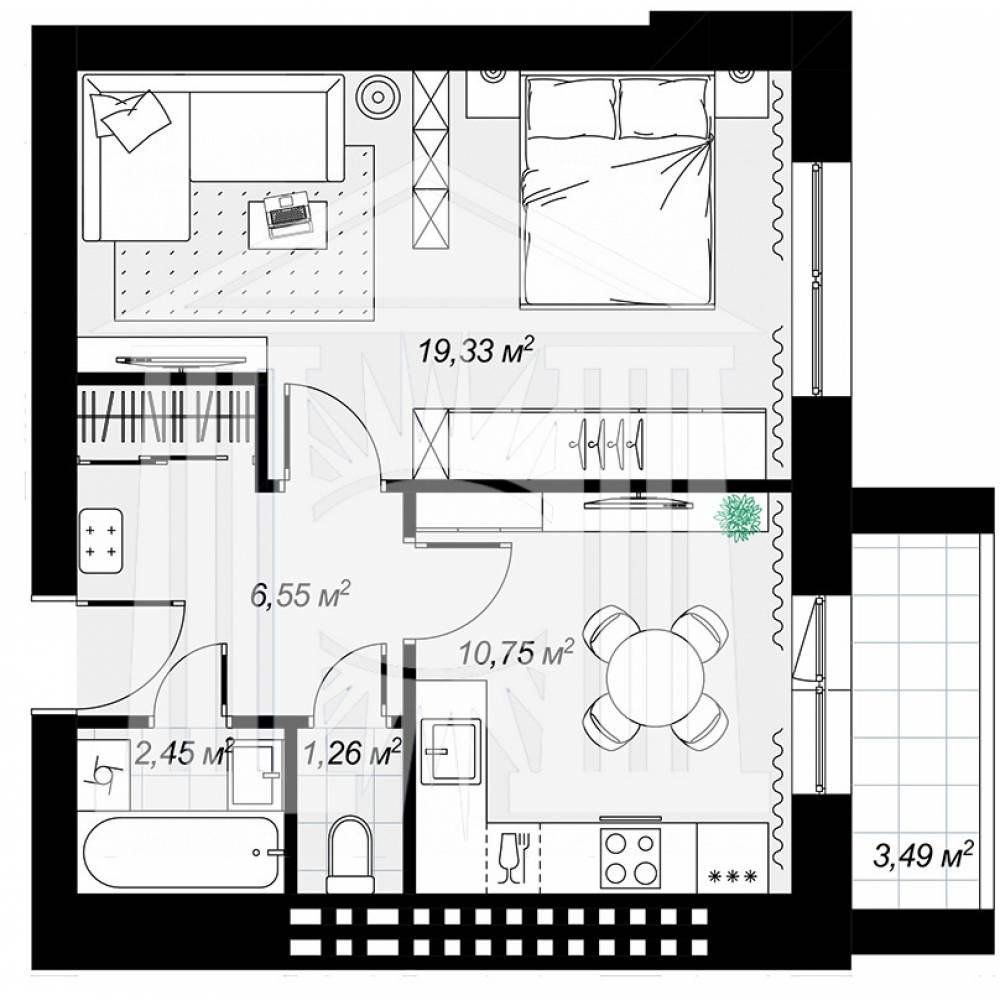 1-комнатная квартира, 43.83 м2, этаж 3, подъезд №1, дом №3