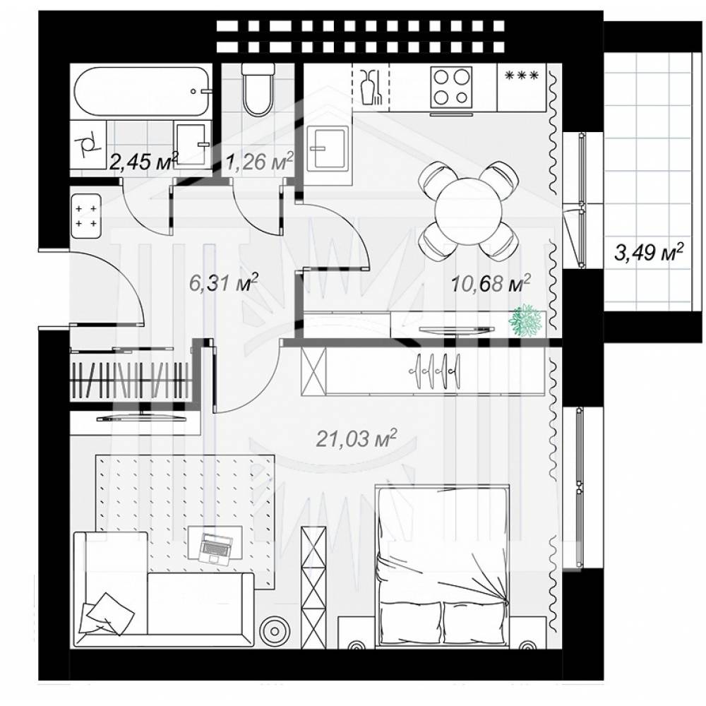 1-комнатная квартира, 45.22 м2, этаж 3, подъезд №1, дом №3