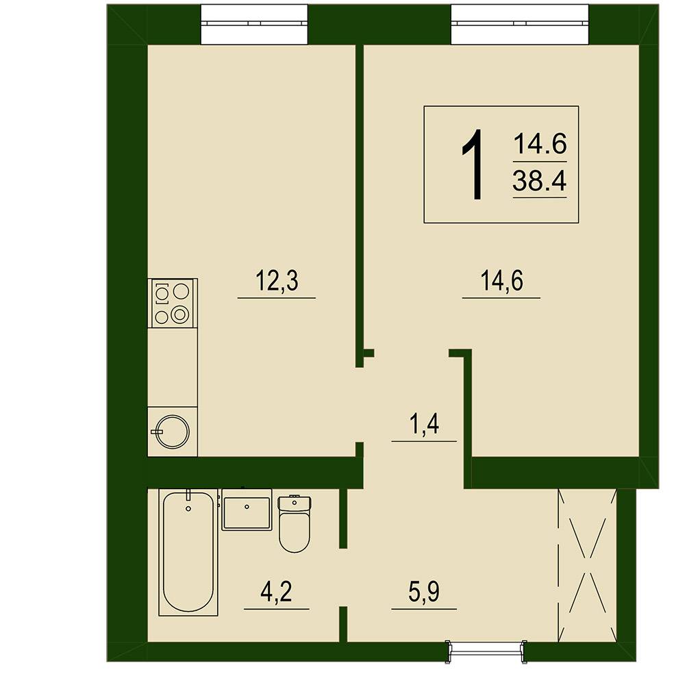 1- комнатная квартира, 38.4 м2, этаж 4 дом №5